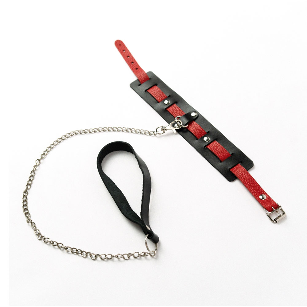 Черно-красный ошейник с поводком «Crazy HandMade»