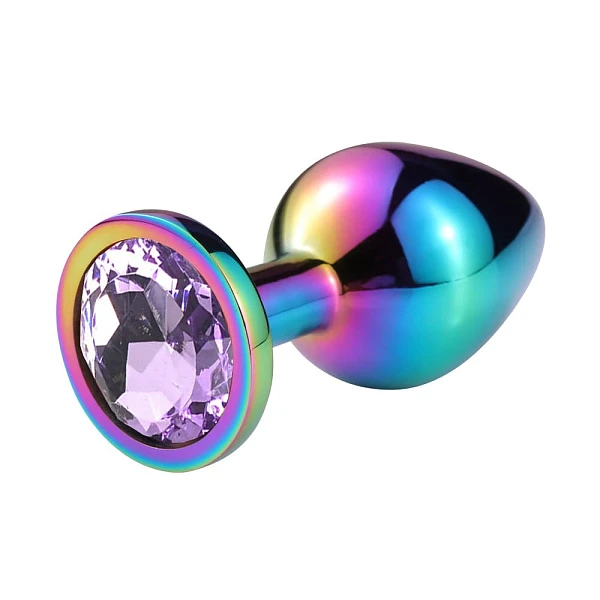 Разноцветная анальная пробка «Hot Sparks» с лиловым кристаллом, размер S