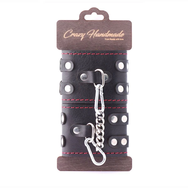 Наручники с красной строчкой «Crazy HandMade» и двумя ремнями