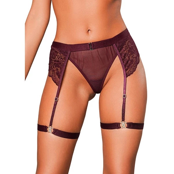 Трусики с бусинами и поясом с гартерами, бордовые (L/XL)