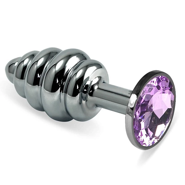Ребристая анальная пробка «Hot Sparks» с лиловым кристаллом