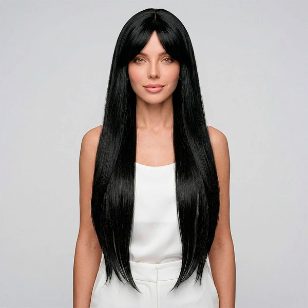 Парик длинный черный прямой с челкой 75см