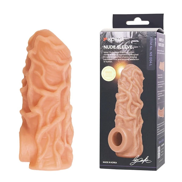 Насадка с выделенными венами «Nude Sleeve» с отверстием для мошонки и открытой головкой, размер L