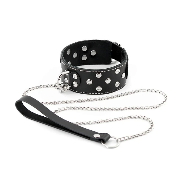 Ошейник с заклепками и белой декоративной строчкой, черный