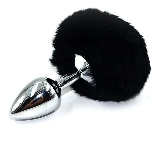 Серебряная анальная пробка с черным заячьим хвостом