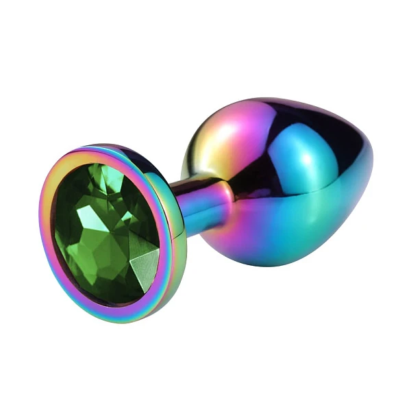 Разноцветная анальная пробка «Hot Sparks» с зеленым кристаллом, размер M