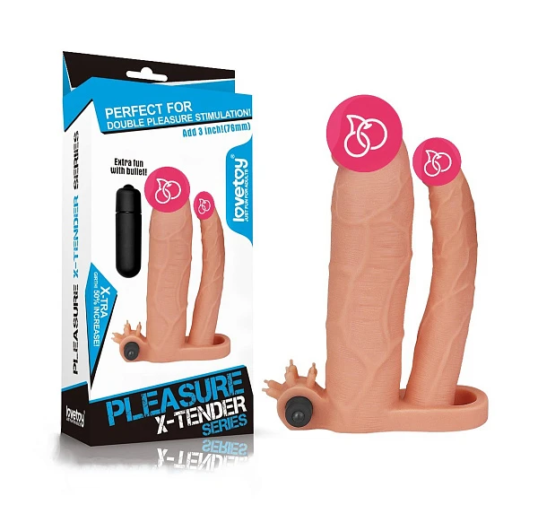 Двойная насадка на член с вибрацией «Pleasure X-Tender» 21,6 см